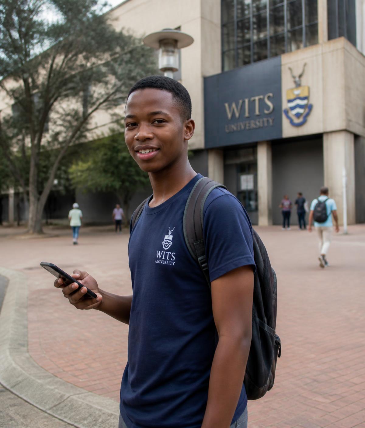 A South African student using their phone on a university campus
