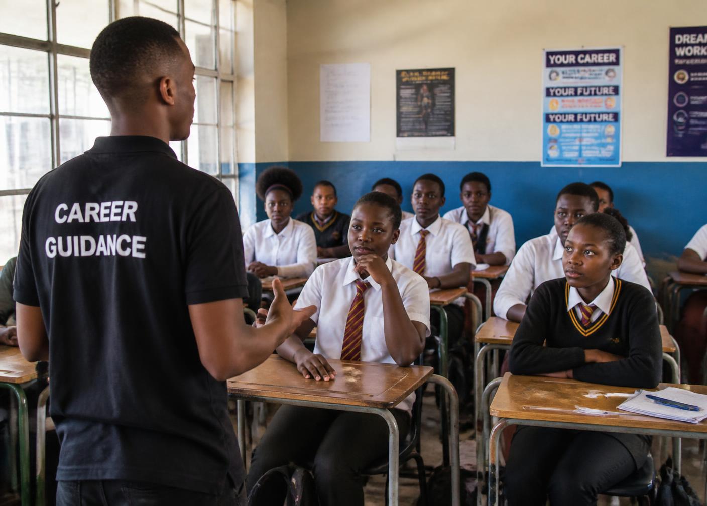 A career guidance session with Grade 12 learners in a South African classroom