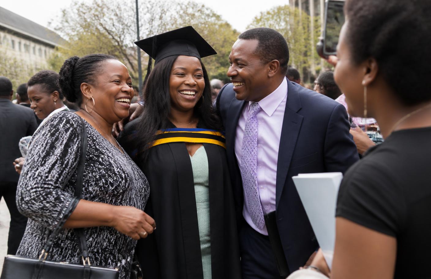 A South African graduate celebrating with her family at graduation