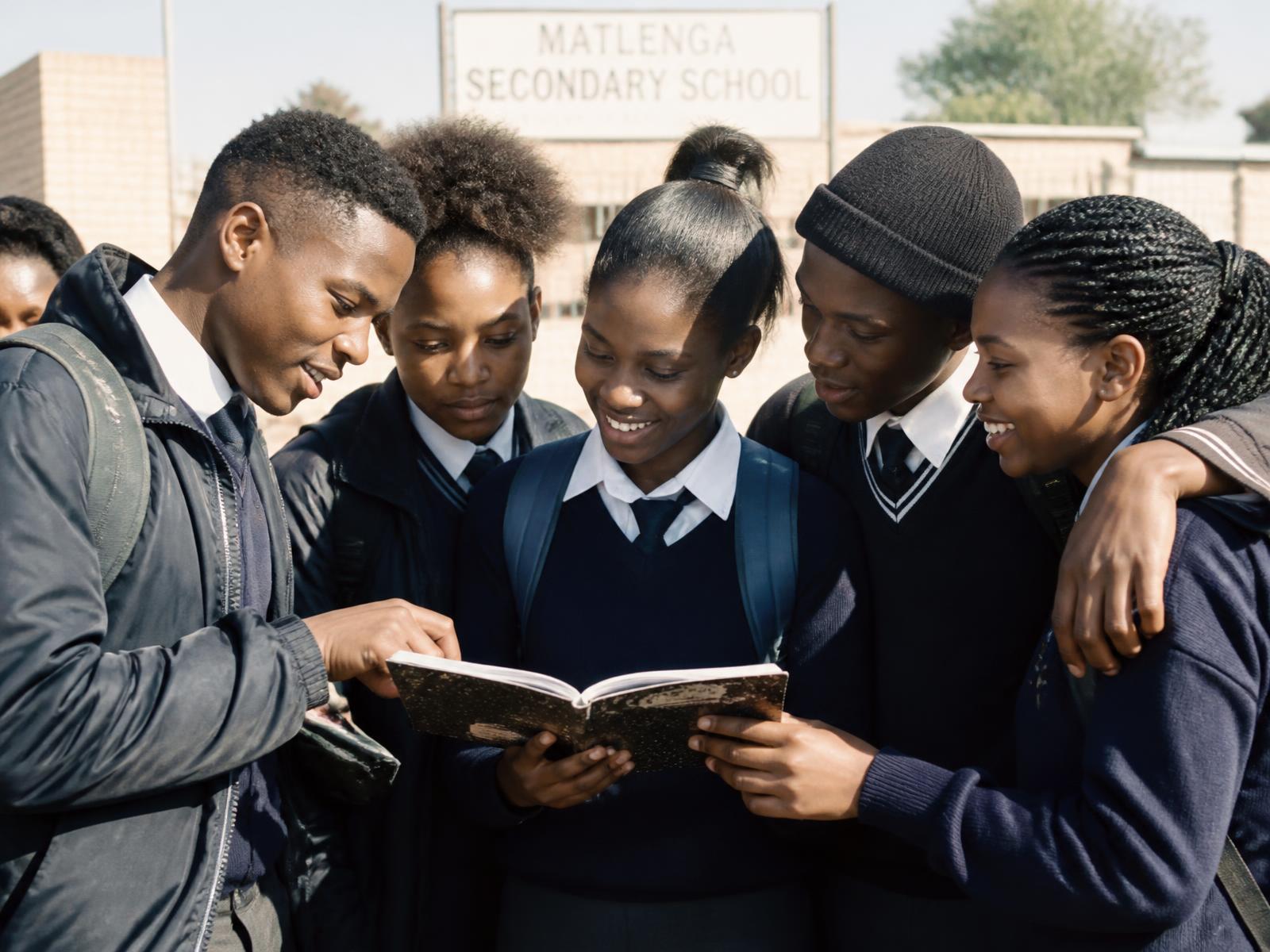 South African high school learners reading together outside their school